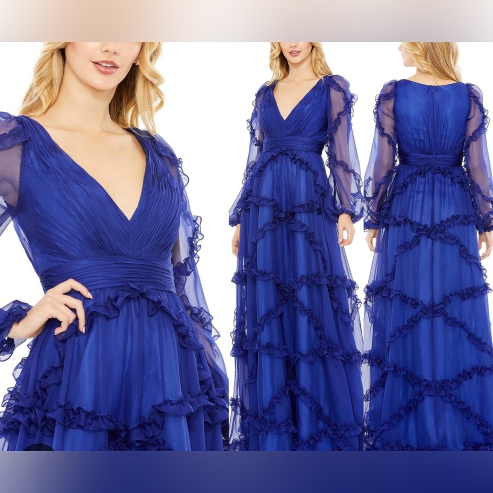 Mac Duggal NWT Size 6 Ruffle Gown Style 68223 Blue - NEW Retail 598.00